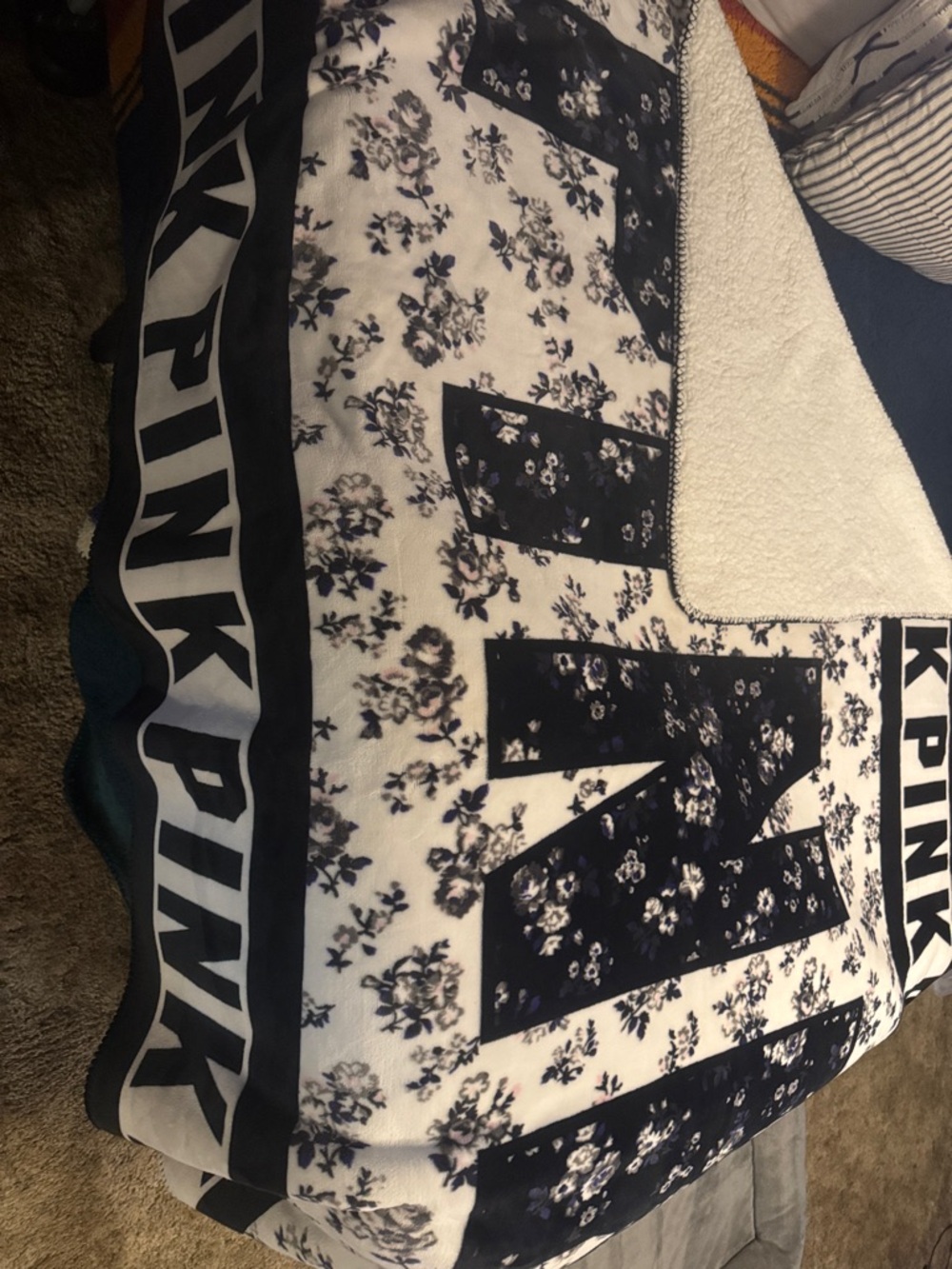 PINK Victoria's Secret Black, White & Purple Floral Sherpa Throw - Picture 2 of 4